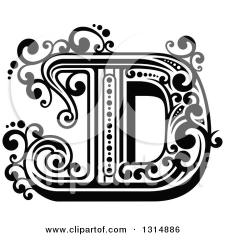 Clipart of a Retro Black and White Capital Letter D with Flourishes - Royalty Free Vector Illustration by Vector Tradition SM