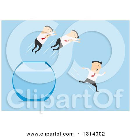 Clipart of a Flat Design of White Businessmen Leaping out of a Fish Bowl, on Blue - Royalty Free Vector Illustration by Vector Tradition SM