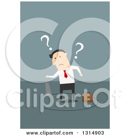 Clipart of a Flat Design of a White Businessman Being Cut out of the Floor, on Blue - Royalty Free Vector Illustration by Vector Tradition SM