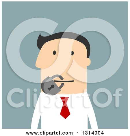 Clipart of a Flat Design White Businessman with His Mouth Locked in a Padlock, on Blue - Royalty Free Vector Illustration by Vector Tradition SM