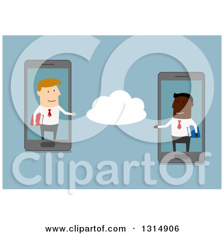 Clipart of a Flat Design of White and Black Businessmen Commuting Via Cloud Service on Smart Cell Phones - Royalty Free Vector Illustration by Vector Tradition SM