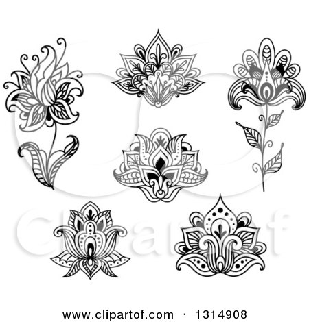 Clipart of Black and White Henna and Lotus Flowers 9 - Royalty Free Vector Illustration by Vector Tradition SM