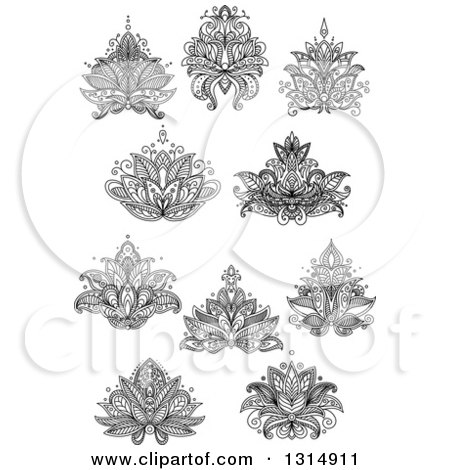 Clipart of Black and White Henna and Lotus Flowers 10 - Royalty Free Vector Illustration by Vector Tradition SM