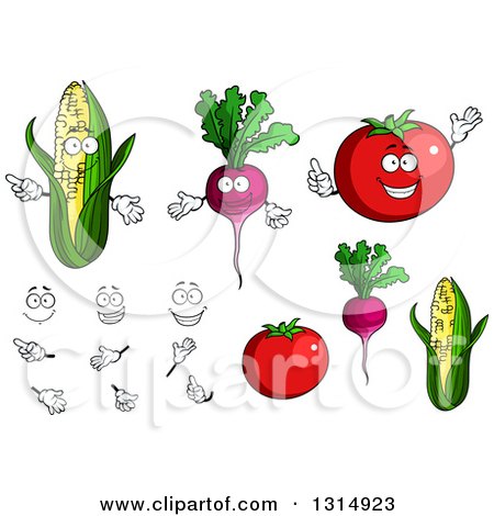 Clipart of Cartoon Faces, Hands, Corn, Beets and Tomatoes - Royalty Free Vector Illustration by Vector Tradition SM