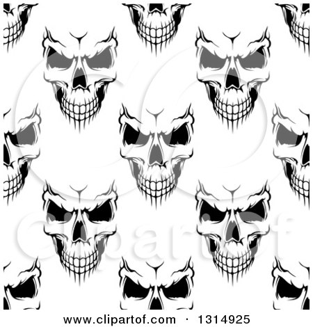 Clipart of a Seamless Background Pattern of Black and White Evil Human Skulls - Royalty Free Vector Illustration by Vector Tradition SM
