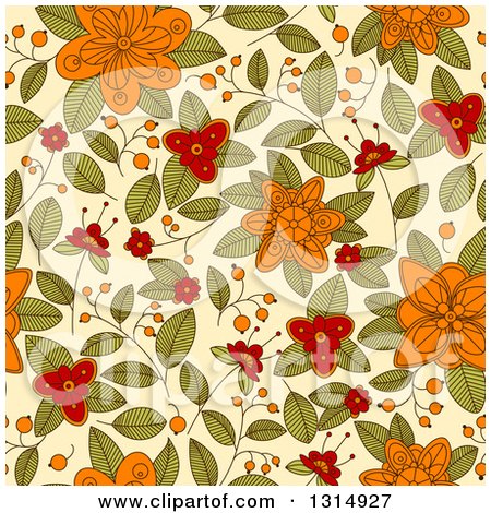 Clipart of a Seamless Orange Red and Green Doodled Flower Pattern Background on Pastel Yellow - Royalty Free Vector Illustration by Vector Tradition SM