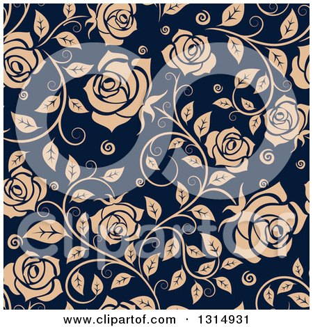 Clipart of a Seamless Pattern of Tan Roses on Navy Blue - Royalty Free Vector Illustration by Vector Tradition SM