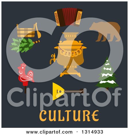 Clipart of a Flat Design of Russian Culture Icons, Balalaika, Bear, Samovar, Snowy Trees, Sauna, Candy and Accordion over Text on Dark Blue - Royalty Free Vector Illustration by Vector Tradition SM