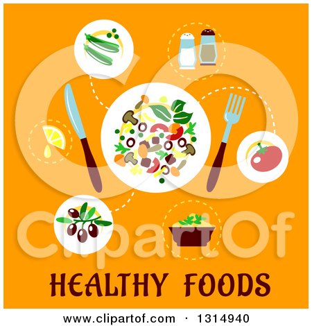 Clipart of a Flat Design of a Salad Plate and Ingredients over Text on Orange - Royalty Free Vector Illustration by Vector Tradition SM
