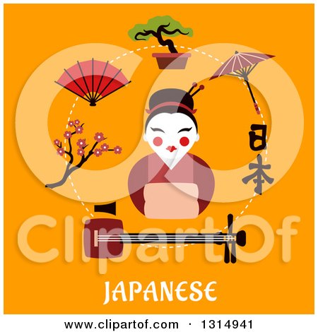 Clipart of a Flat Design Circle of Japanese Items, Cherry Blossom, Fan, Bonsai, Umbrella and Calligraphy Around a Geisha Girl over Text on Orange - Royalty Free Vector Illustration by Vector Tradition SM