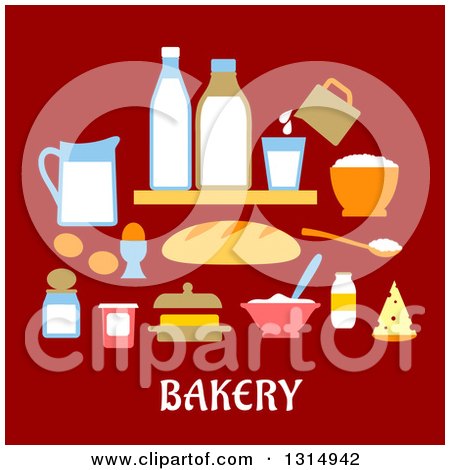 Clipart of a Flat Design of Baking Goods over Red and Text - Royalty Free Vector Illustration by Vector Tradition SM