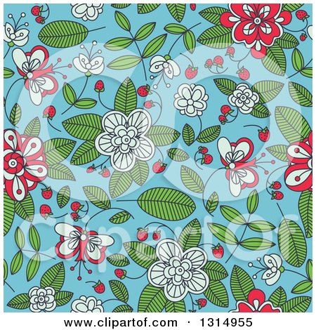 Clipart of a Seamless Background Pattern of Doodled Strawberry Blossoms, Plants and Berries over Blue - Royalty Free Vector Illustration by Vector Tradition SM