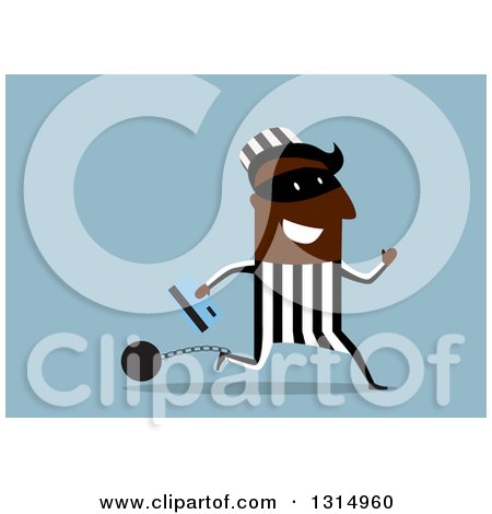 Clipart of a Black Shackled Robber Running with a Credit Card on Blue - Royalty Free Vector Illustration by Vector Tradition SM