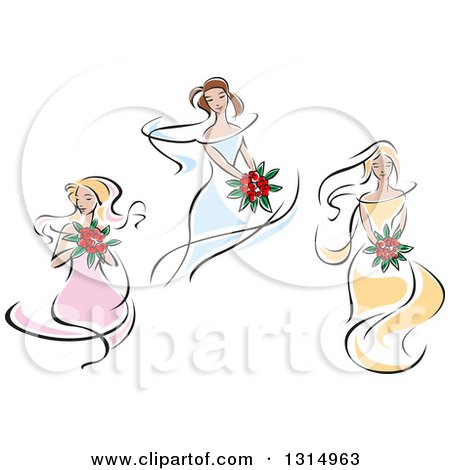 Clipart of Sketched Brides in Yellow, Pink and Blue Dresses 3 - Royalty Free Vector Illustration by Vector Tradition SM