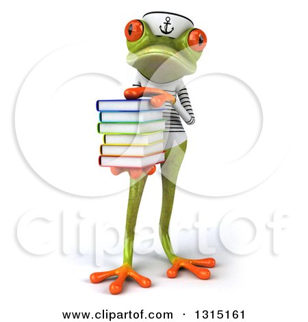 Clipart of a 3d Green Springer Frog Sailor Holding a Stack of Books 2 - Royalty Free Illustration by Julos