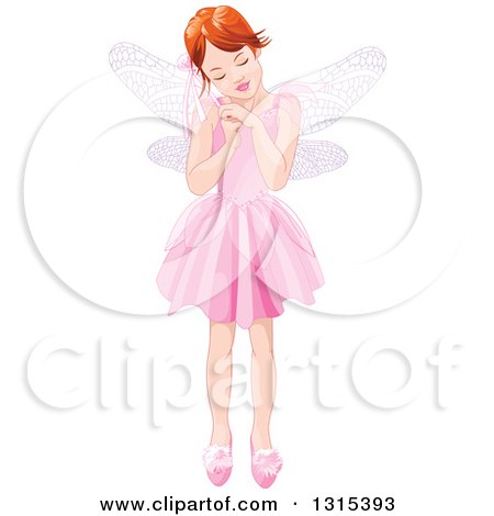 Clipart of a White Fairy Girl Dressed in Pink, Holding a Magic Wand and Closing Her Eyes - Royalty Free Vector Illustration by Pushkin