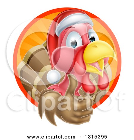 Clipart of a Christmas Turkey Bird Wearing a Santa Hat and Giving a Thumb up in a Circle of Rays - Royalty Free Vector Illustration by AtStockIllustration