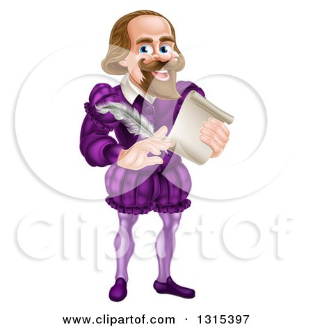 Clipart of a Cartoon Full Length Happy William Shakespeare Holding a Scroll and Feather Quill - Royalty Free Vector Illustration by AtStockIllustration