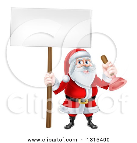 Clipart of a Happy Christmas Santa Claus Plumber Holding a Plunger and Blank Sign - Royalty Free Vector Illustration by AtStockIllustration