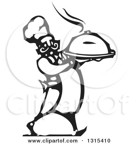 Clipart of a Black and White Woodcut Chubby Male Chef Walking with a Steaming Hot Cloche Platter - Royalty Free Vector Illustration by xunantunich