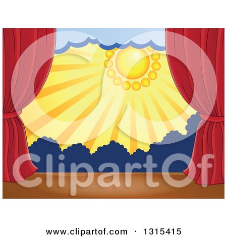 Clipart of a Stage Setting of the Sun, Dark Clouds and Silhouetted Shrubs Framed with Red Drapes - Royalty Free Vector Illustration by visekart