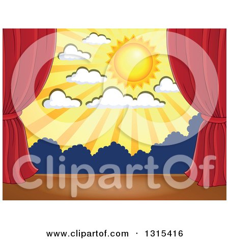 Clipart of a Stage Setting of the Sun, Clouds and Silhouetted Shrubs Framed with Red Drapes - Royalty Free Vector Illustration by visekart
