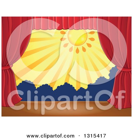 Clipart of a Stage Setting of the Sun and Silhouetted Shrubs Framed with Red Drapes 3 - Royalty Free Vector Illustration by visekart
