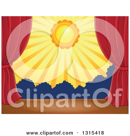 Clipart of a Stage Setting of the Sun and Silhouetted Shrubs Framed with Red Drapes - Royalty Free Vector Illustration by visekart
