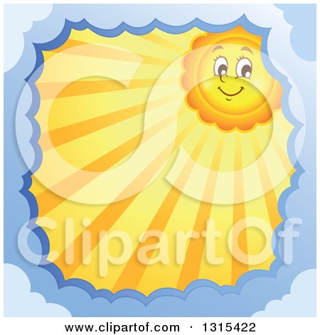 Clipart of a Cartoon Happy Sun Character with Sunset Rays Framed in Clouds - Royalty Free Vector Illustration by visekart