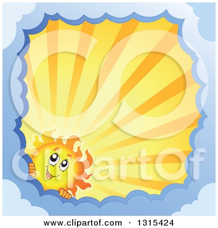 Clipart of a Cartoon Happy Sun Character Peeking Around a Border of Clouds with Sunset Rays - Royalty Free Vector Illustration by visekart