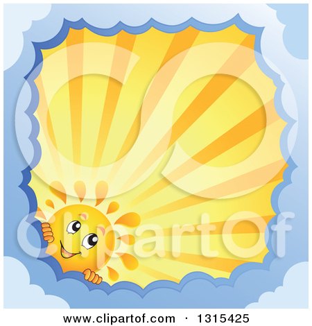 Clipart of a Cartoon Happy Summer Sun Character Peeking Around a Border of Clouds with Sunset Rays - Royalty Free Vector Illustration by visekart
