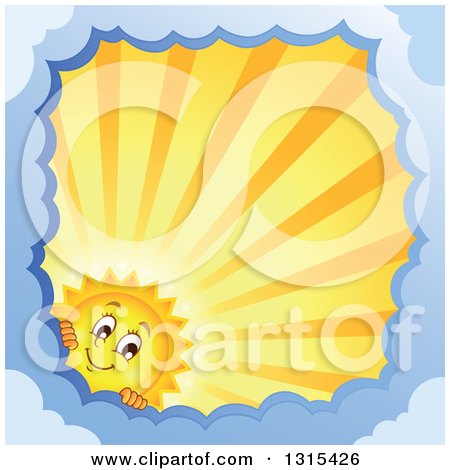 Clipart of a Cartoon Sun Character Peeking Around a Border of Clouds with Sunset Rays - Royalty Free Vector Illustration by visekart