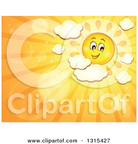 Clipart of a Cartoon Happy Sun with Puffy Clouds, Flares and Sunset Rays - Royalty Free Vector Illustration by visekart