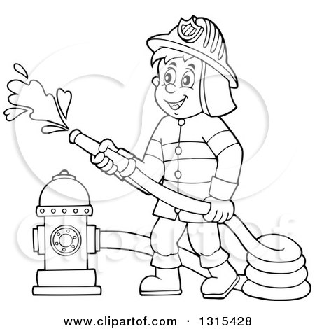 Clipart of a Cartoon Happy Black and White Male Fireman Using a Hose Connected to a Hydrant - Royalty Free Vector Illustration by visekart