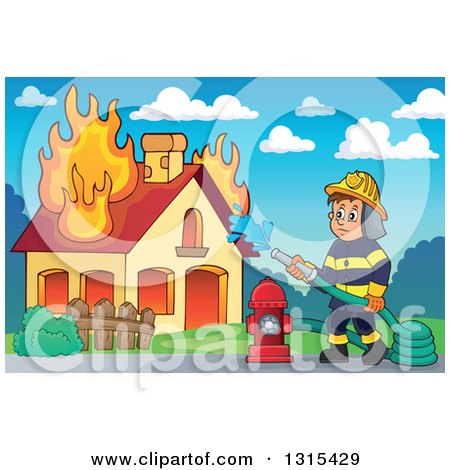 Cartoon White Male Fireman Using a Hose Connected to a Hydrant to Put out a  House Fire, Against a Day Sky Posters, Art Prints by - Interior Wall Decor  #1315429