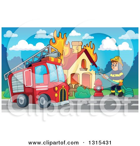 Cartoon Truck and a White Male Fireman Using a Hose Connected to a Hydrant to  Put out a House Fire During the Day Posters, Art Prints by - Interior Wall  Decor #1315431