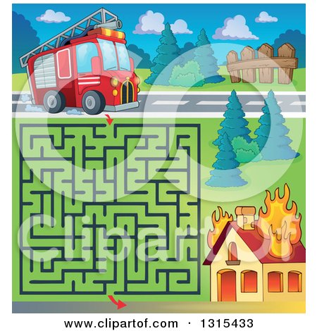 Clipart of a Cartoon Fire Engine Truck Maze and Burning House - Royalty Free Vector Illustration by visekart