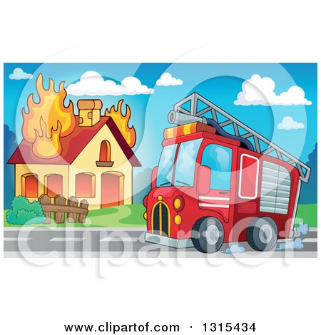 Clipart of a Cartoon Fire Engine Truck by a Burning House During the Day - Royalty Free Vector Illustration by visekart