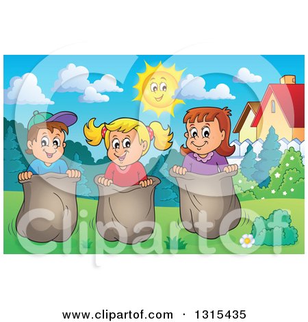 Clipart of a Cartoon Group of Happy Caucasian Children Engaged in a Potato Sack Race in a Park - Royalty Free Vector Illustration by visekart