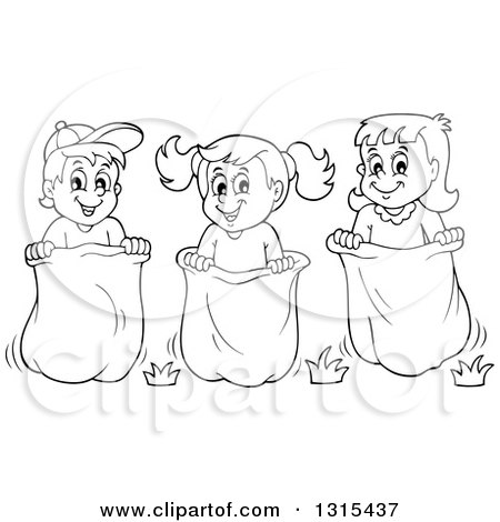 Clipart of a Cartoon Black and White Group of Happy Children Engaged in a Potato Sack Race - Royalty Free Vector Illustration by visekart