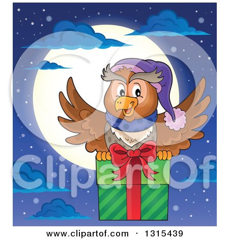 Clipart of a Cartoon Festive Christmas Owl Flying with a Gift Against a Full Moon - Royalty Free Vector Illustration by visekart