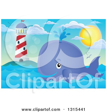 Clipart of a Cartoon Happy Spouting Whale near a Lighthouse Under the Sun - Royalty Free Vector Illustration by visekart
