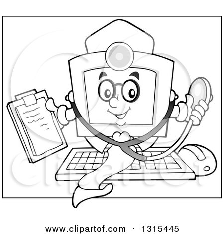 Clipart of a Cartoon Grayscale Desktop Doctor Computer Character Holding a Clipboard and Stethoscope - Royalty Free Vector Illustration by visekart