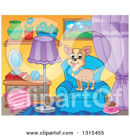 Clipart of a Cartoon Happy Tan Chihuahua Dog on a Chair in a Living Room - Royalty Free Vector Illustration by visekart