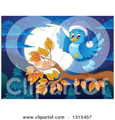 Clipart of a Cartoon Blue Bird Wearing a Hat and Landing on an Autumn Branch Against a Forest and Full Moon at Night - Royalty Free Vector Illustration by visekart