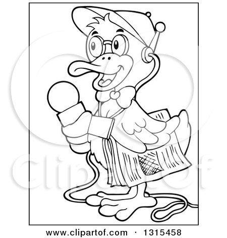 Clipart of a Cartoon Black and White Duck Reporter Holding a Microphone and Newspaper - Royalty Free Vector Illustration by visekart