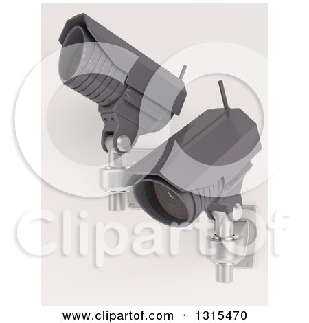 Clipart of 3d Two Black HD CCTV Security Surveillance Cameras Mounted on a Wall, on off White 2 - Royalty Free Illustration by KJ Pargeter
