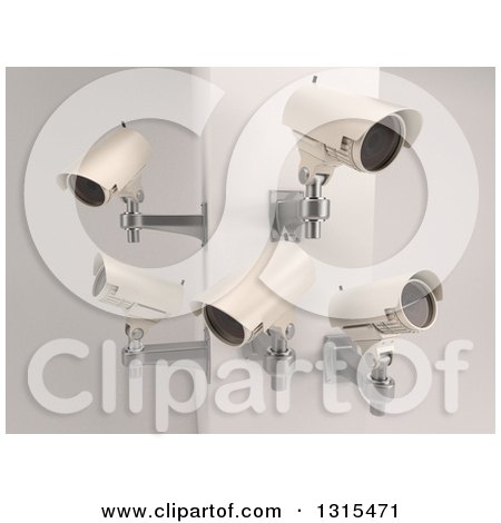 Clipart of 3d Four HD CCTV Security Surveillance Cameras Mounted on a Corner Wall, on off White - Royalty Free Illustration by KJ Pargeter