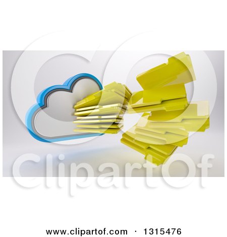 Clipart of a 3d Cloud Drive Spitting out Folders Icon, on Shaded White - Royalty Free Illustration by KJ Pargeter