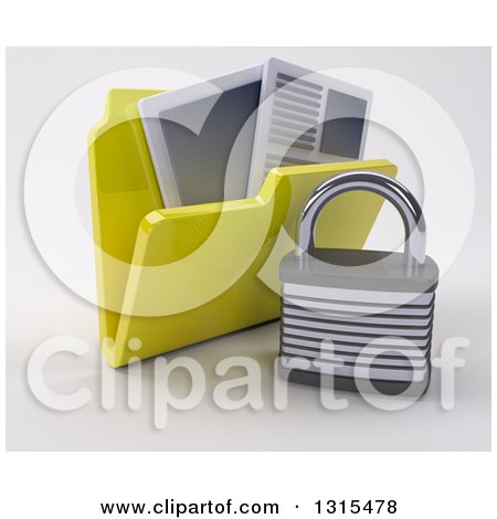 Clipart of a 3d Yellow File Folder with Documents and Padlock, on Shaded White - Royalty Free Illustration by KJ Pargeter